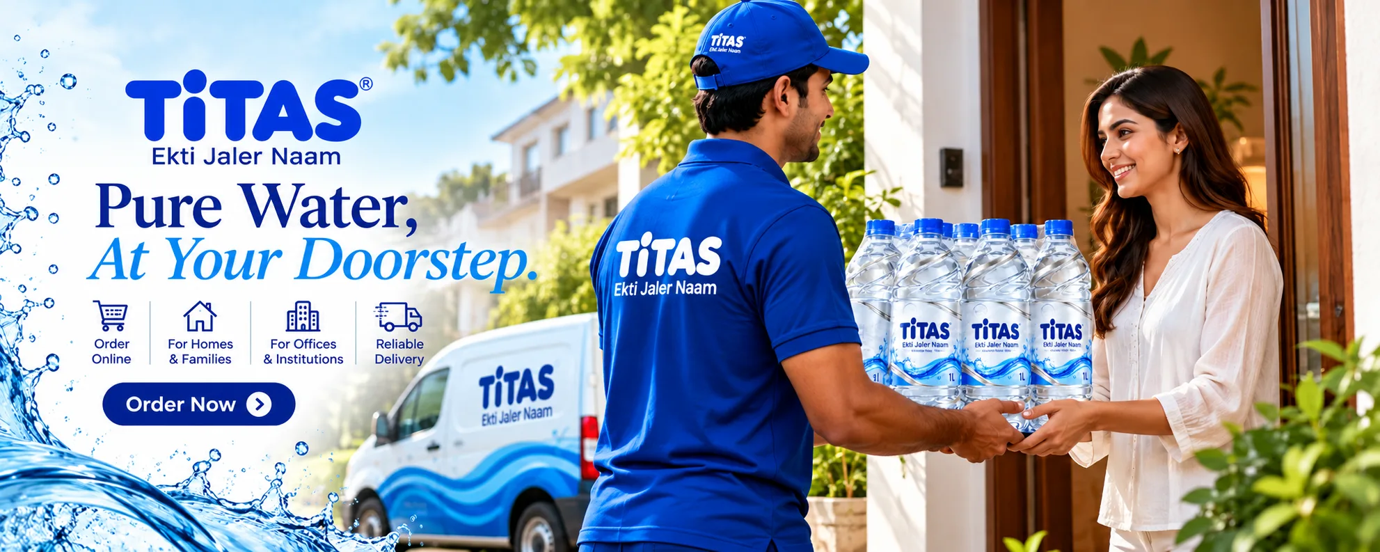 A TiTAS delivery representative handing a pack of TiTAS 1 L bottles to a customer at her door